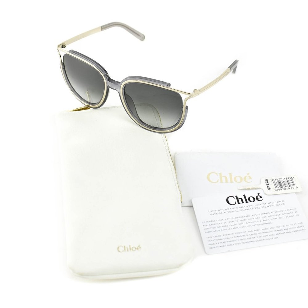 CHLOE: Translucent Gray/Pale Gold Logo Sunglasses - Picture 2 of 8